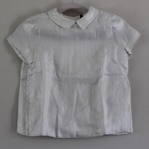 NWT Bonpoint Couture Coquet Short Sleeve Linen Collared Blouse Top Cream Silver